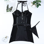 Black Micro Elastic Soft Leather Non Faux Leather Patent Leather Motorcycle Metal Nail Halter Waist Tight Hip Skirt Two Piece Set Bella Mia