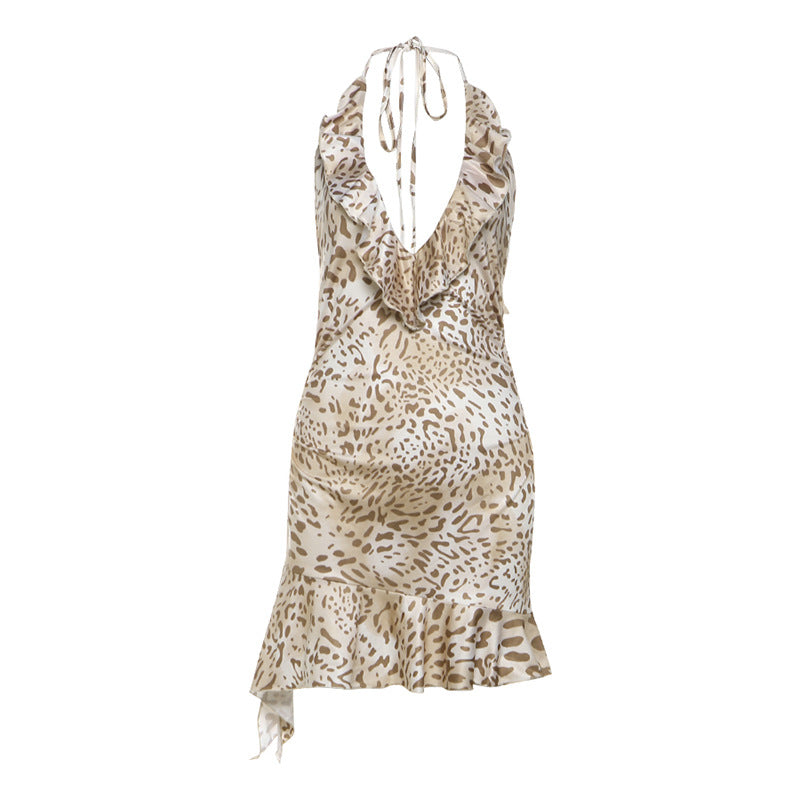 Spring Summer Women Clothing Personalized Leopard Print Printed Sexy Halter Lace up Backless Slim Fit Dress Bella Mia