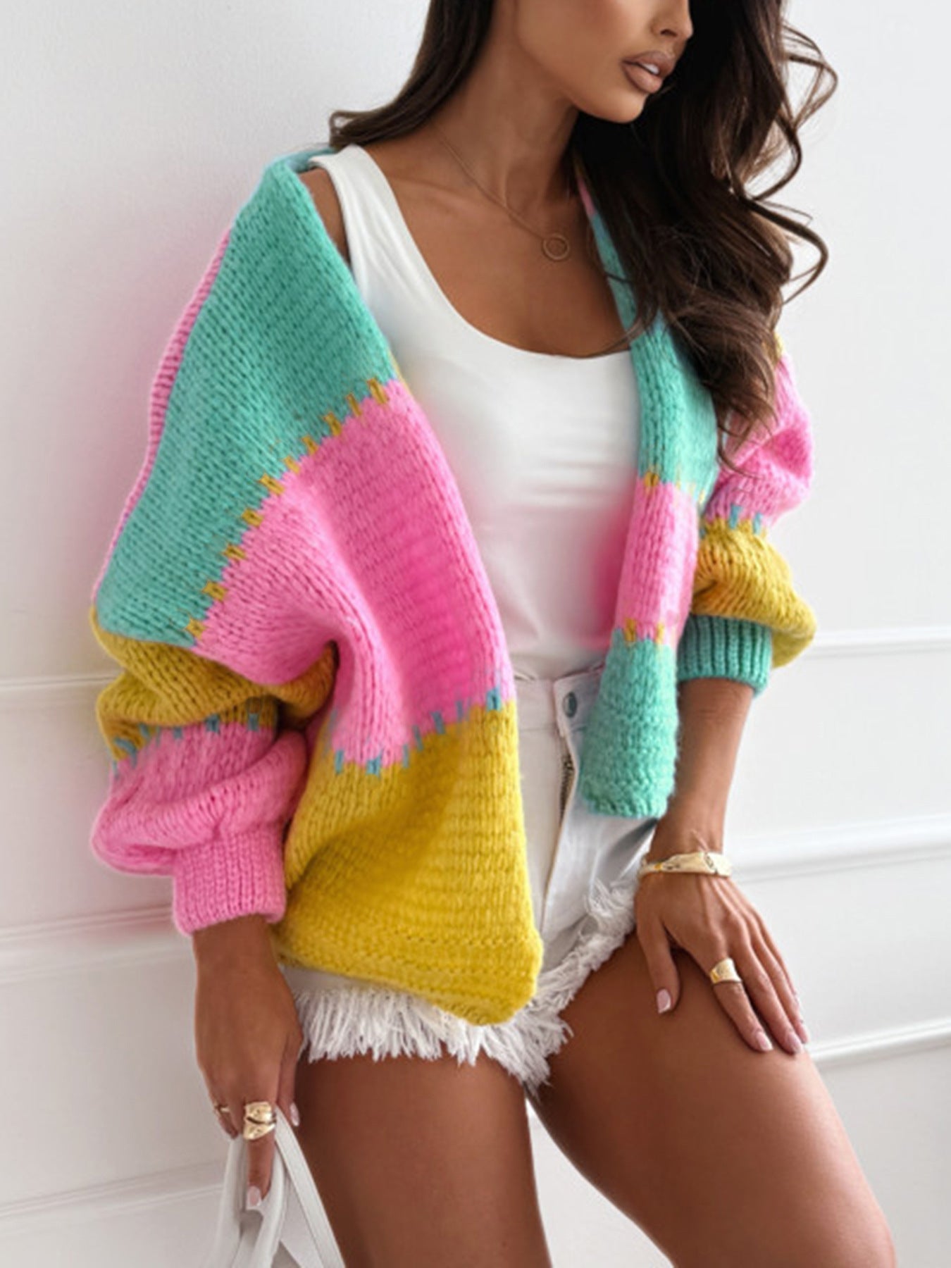 Color Contrast Patchwork Sweater Cardigan Women Autumn Winter Lazy Wind Loose Sweater Coat Bella Mia
