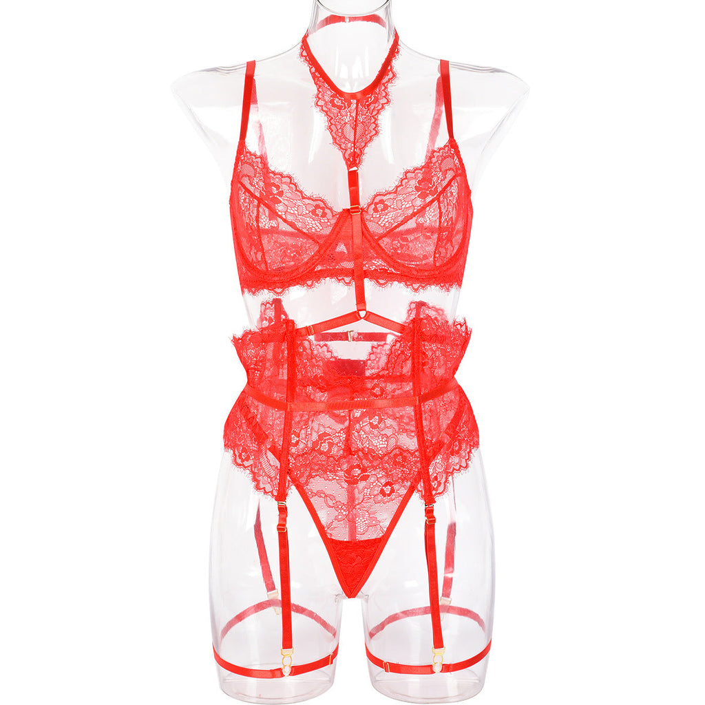 Sexy Three Piece Summer Lace Eyelash Lace Stitching with Halter Foot Ring Bella Mia