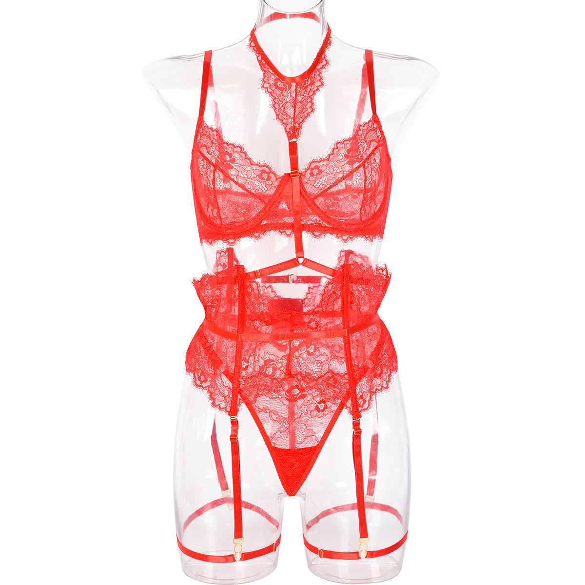 Sexy Three Piece Summer Lace Eyelash Lace Stitching with Halter Foot Ring Bella Mia