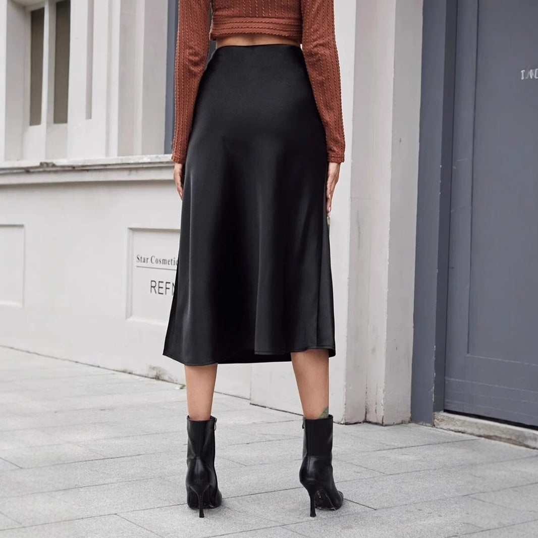 High Waist Satin Skirt Autumn Winter Women Midi Skirt Zipper Satin Skirt Bella Mia