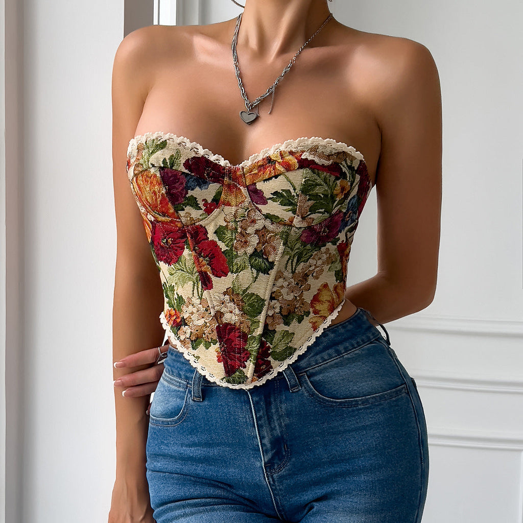 Street Retro Floral Print Corset Flounce Trim Lace Up French Minority Boning Corset Vest Bella Mia