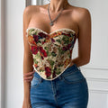 Street Retro Floral Print Corset Flounce Trim Lace Up French Minority Boning Corset Vest Bella Mia