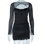 Lace Screen Color Contrast Patchwork Dress Flared Sleeve Sheath Dress Tight Lace up Women Bella Mia
