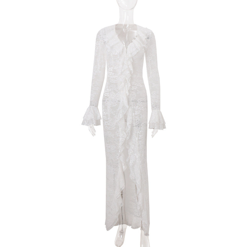 Women Clothing Autumn Sexy Hollow Out Cutout out Solid Color Stringy Selvedge Irregular Asymmetric Bell Sleeve Dress Bella Mia