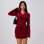 Women Sexy Dress Autumn Winter Bell Sleeve Pleated Waist Tight Short Hip Bella Mia