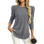 Arrival Women round Neck Puff Sleeve Brushed Sunken Stripe Solid Color Upper Clothes Long Sleeves T shirt Bella Mia