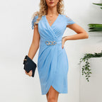 Summer V-neck Pleated Waist Tight V neck Short Sleeve Dress Sexy Elegant Show Dress Women Clothes Bella Mia
