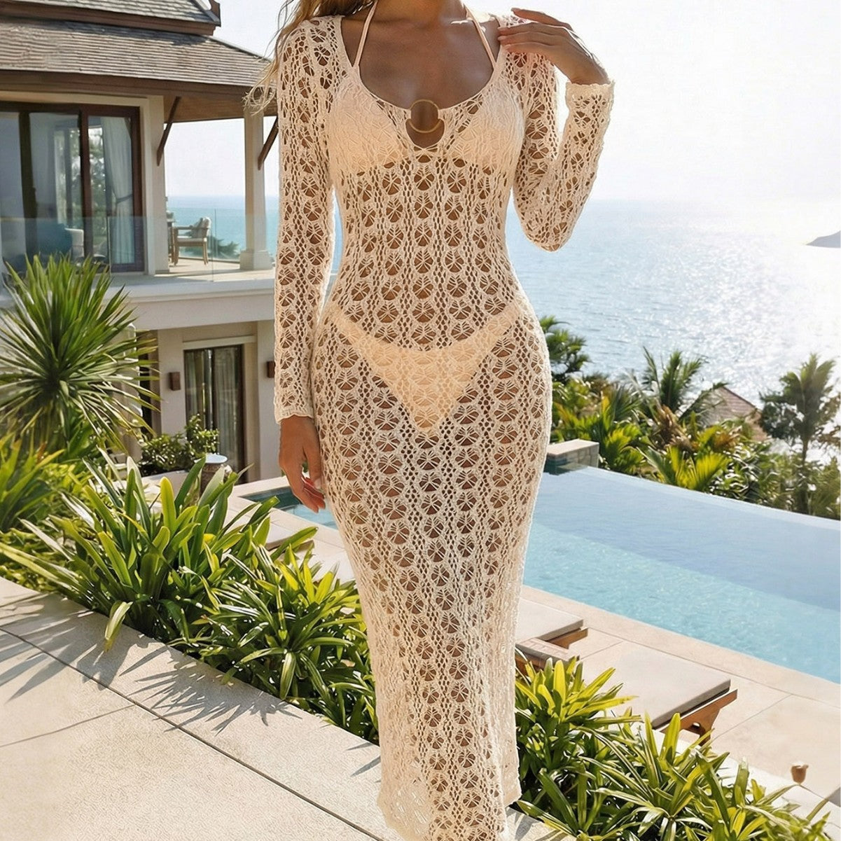 Women Clothing Hollow Out Cutout out Knitted Backless Metal Ring Straps Sexy Blouse Seaside Vacation Beach Sun