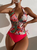 Swimsuit Women Split Triangle Lace up Solid Color Leaves Printed Bikini Swimsuit Bella Mia