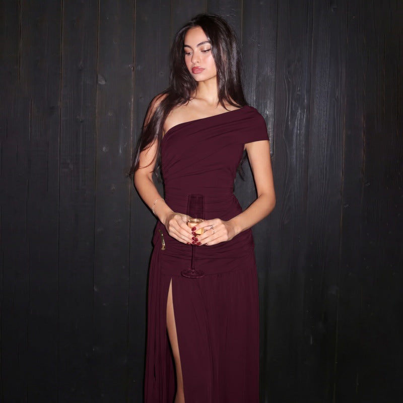 Arrival Sexy Oblique Shoulder Strapless Long Type Slim Fitting Patchwork Metal Decorative Ribbon Dress