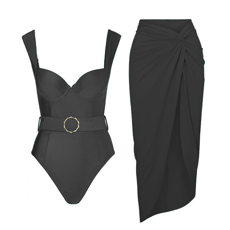 Solid Color One Piece Women Swimwear French Retro Cover Belly Slimming Swimsuit Bella Mia