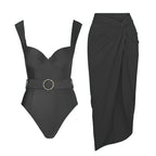 Solid Color One Piece Women Swimwear French Retro Cover Belly Slimming Swimsuit Bella Mia