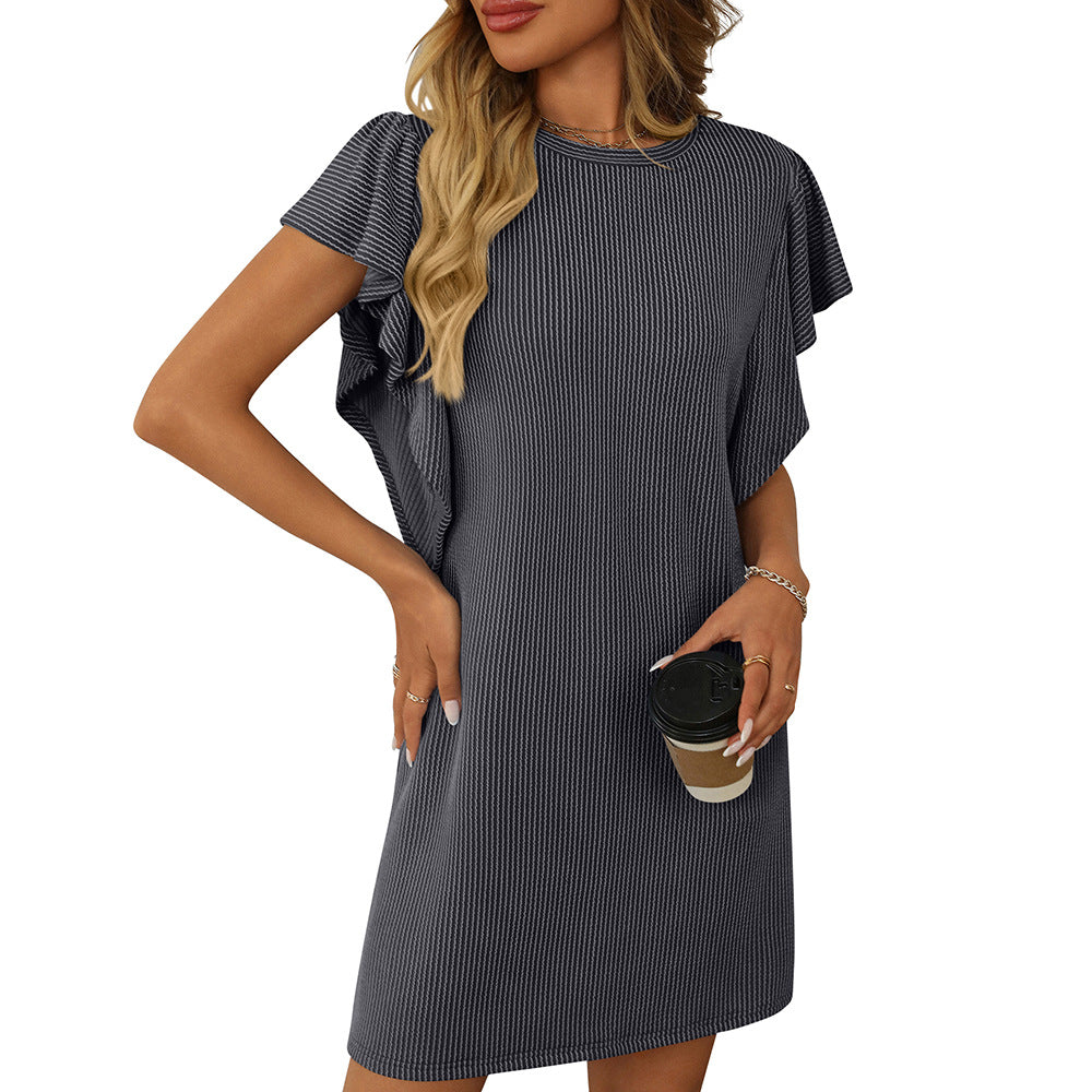 Summer Women Clothing Contrast Color Twist Strip Ruffle Sleeve Mid Length Dress