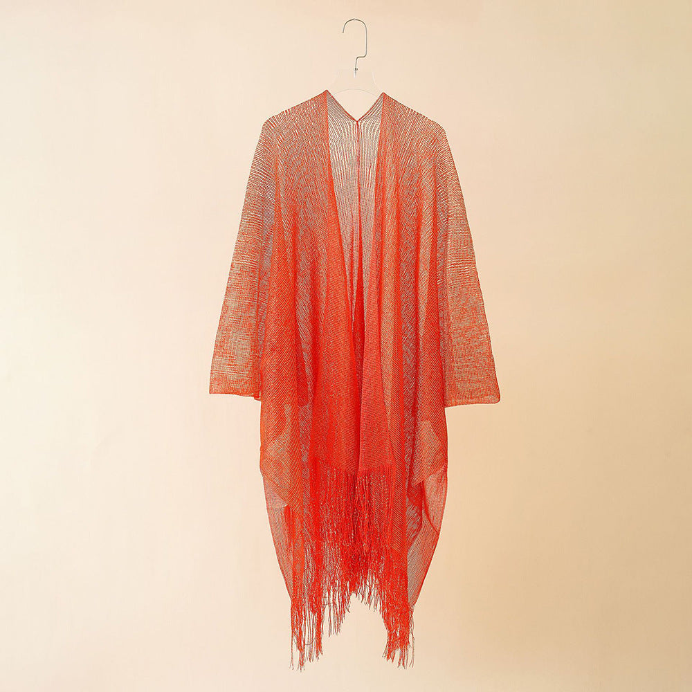 Beach Solid Color Sun Proof Tassel Knitting Beach Cover Up Sweater Shawl Cardigan Bella Mia