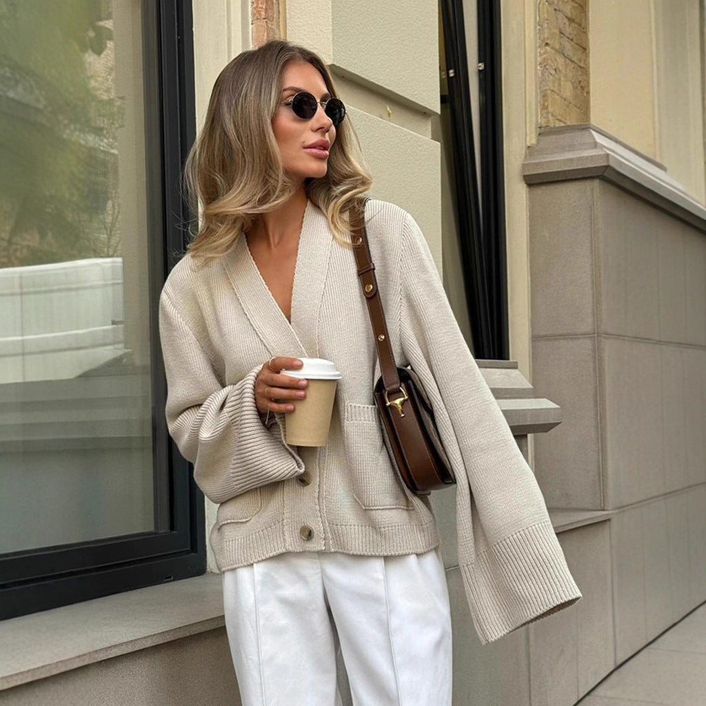 Loose Knitted Cardigan Sweater Autumn Winter V neck Knitted Cardigan Idle Loose Sweater Women Bella Mia