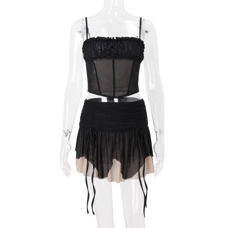 Women Clothing Summer Sexy Mesh Irregular Asymmetric Top Sexy Color Block Skirt Set Bella Mia