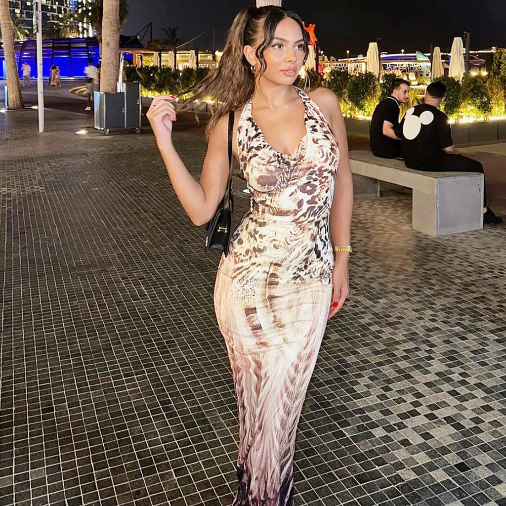 Women Clothing Autumn Printed Sexy Backless Slim Fit Lace up Dress Bella Mia