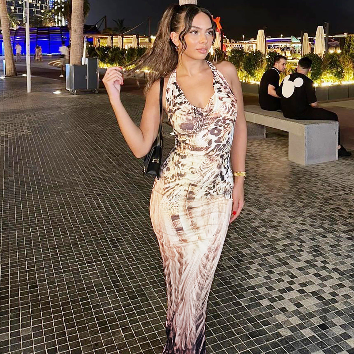 Women Clothing Autumn Printed Sexy Backless Slim Fit Lace up Dress Bella Mia