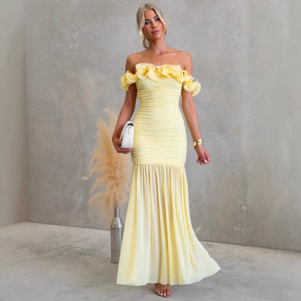 Spring Summer Solid Color Mesh Slim Fit Sexy Vacation off Shoulder Dress Bella Mia