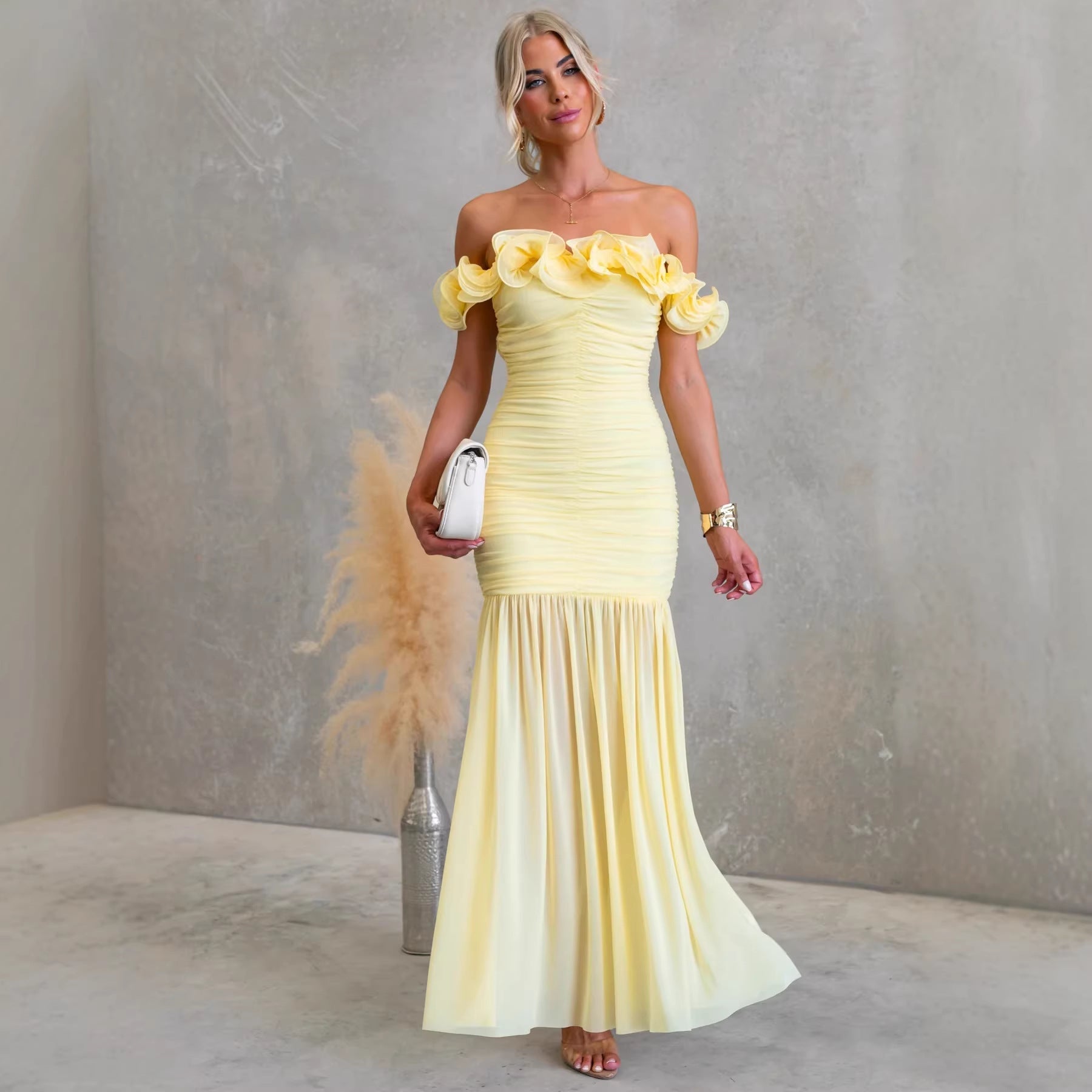 Spring Summer Solid Color Mesh Slim Fit Sexy Vacation off Shoulder Dress Bella Mia