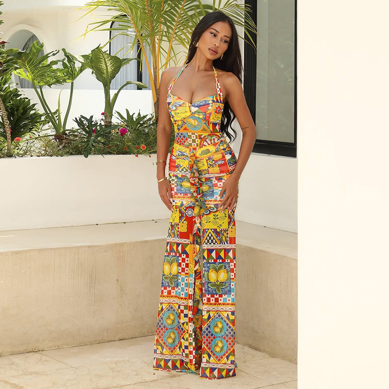 Spring Summer Sexy Printed Mesh Slim V neck Backless Slit Halter Dress Bella Mia