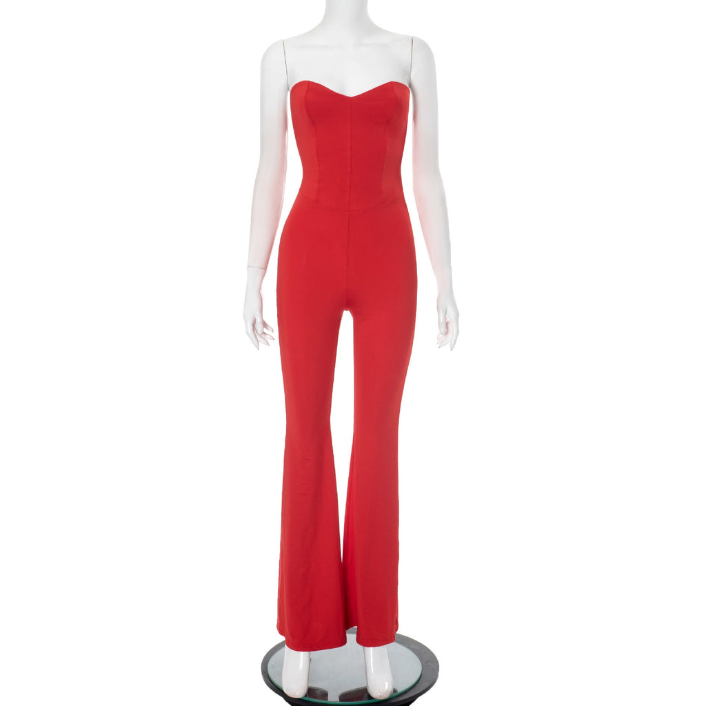 Women Spring Summer Tube Top Backless Lace up Cutout Solid Color Sheath Slightly Flared Jumpsuit Bella Mia
