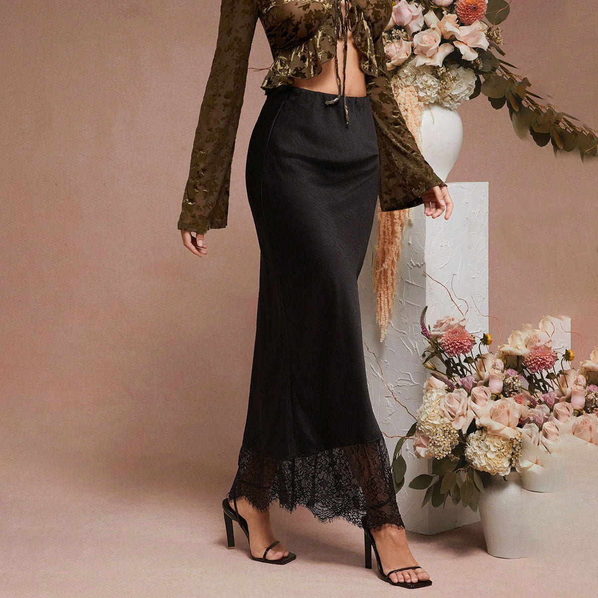 Skirt Lace Stitching Satin Satin Skirt Socialite Women Clothing Bella Mia