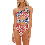 Swimsuit Women Printed Hollow Out Cutout Contrast Color Swimsuit Stitching