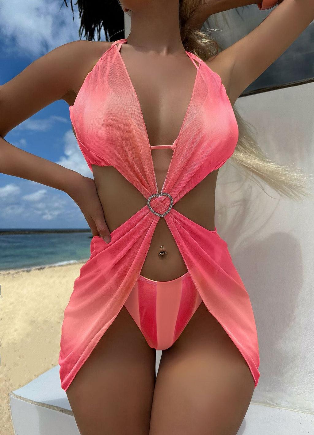 Striped Gradient Love Tulle Skirt Three Piece Sets Swimwear Swimsuit Bikini Bella Mia