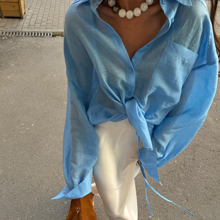 Women Clothing Early Autumn Polo Collar Long Sleeve Tencel Shirt Office All Match Loose Shirt Bella Mia