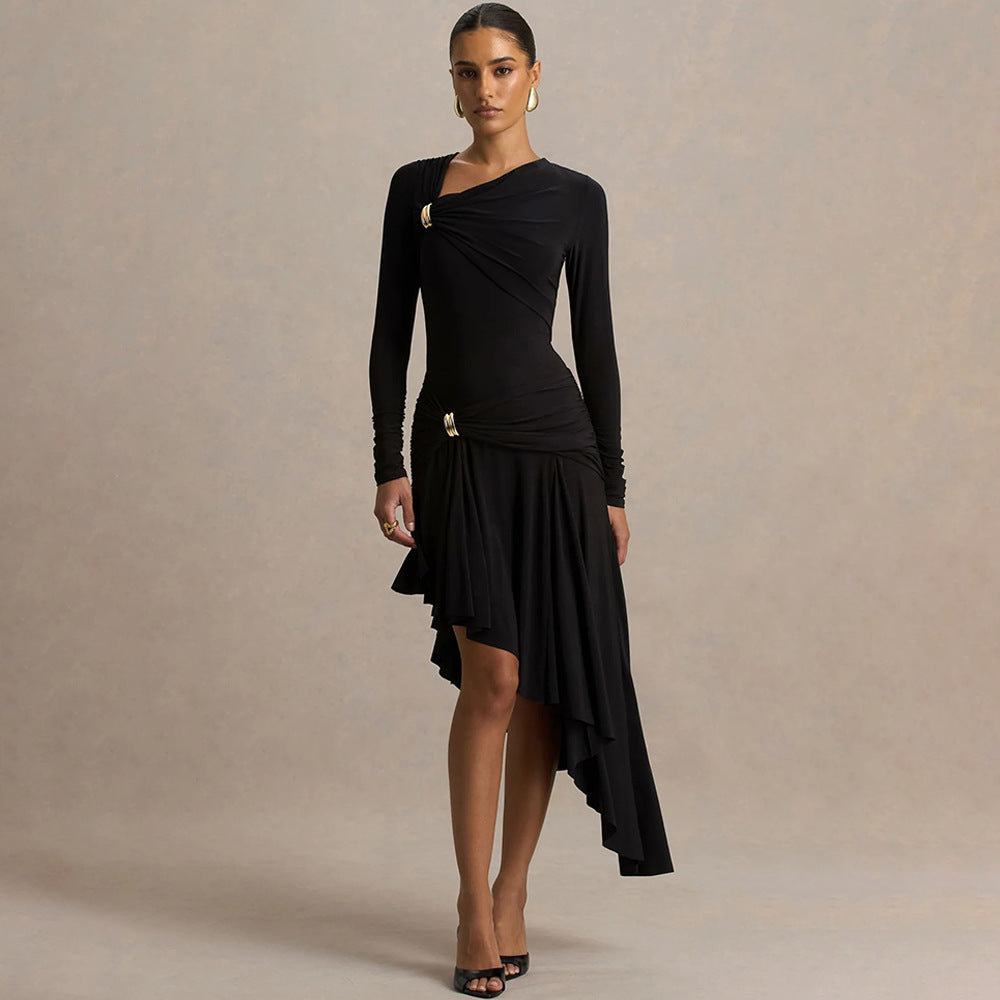 Autumn Winter Graceful Fashionable Women Slim Dress Sexy Pleated Irregular Asymmetric Maxi Dress Bella Mia