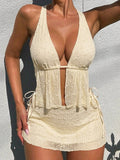 Ladies Sexy Solid Color V neck Bikini Three Piece Set Vacation Beach Backless Lace up Swimsuit