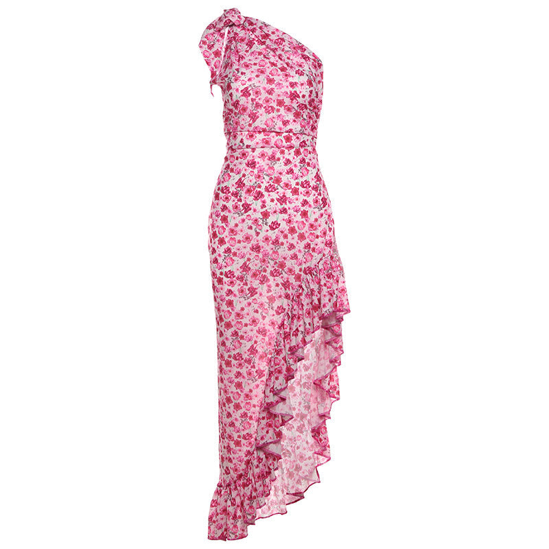 Summer Women Clothing French Small Floral Oblique Shoulder Dress Sexy Side Split Tied Dress Bella Mia