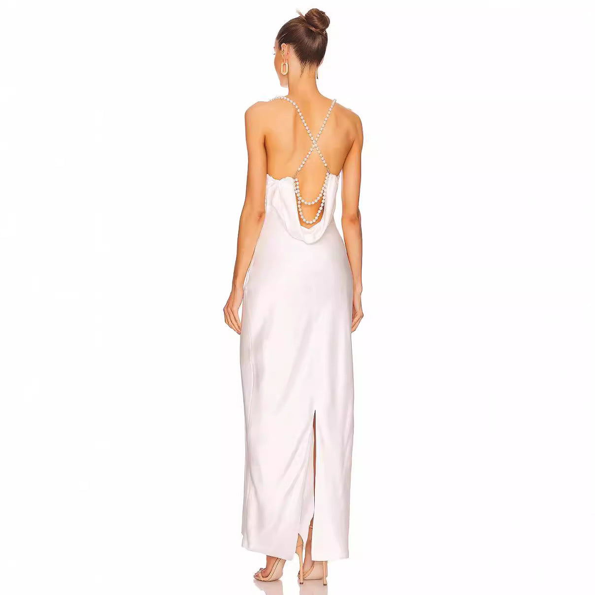 French White Bead Necklace Evening Dress Silk Satin Texture Women Sexy Backless Elegant Party Dress Bella Mia