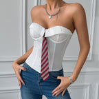 Sexy Low Cut Business Satin Tie Solid Color Boning Corset Lace up Steel Ring Top Bella Mia