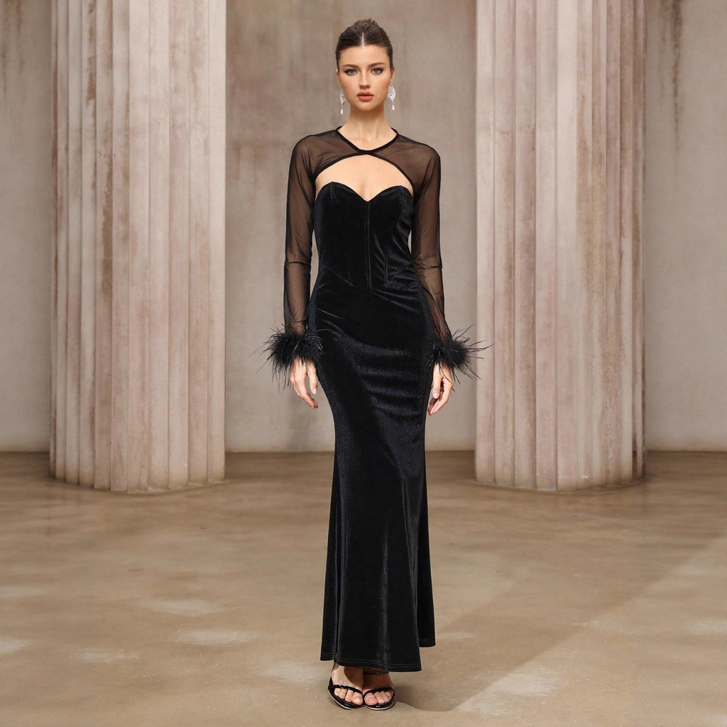 Dress Two Piece Semi Transparent Mesh Top Velvet Tube Top Dress Dinner Light Luxury Cheongsam Bella Mia