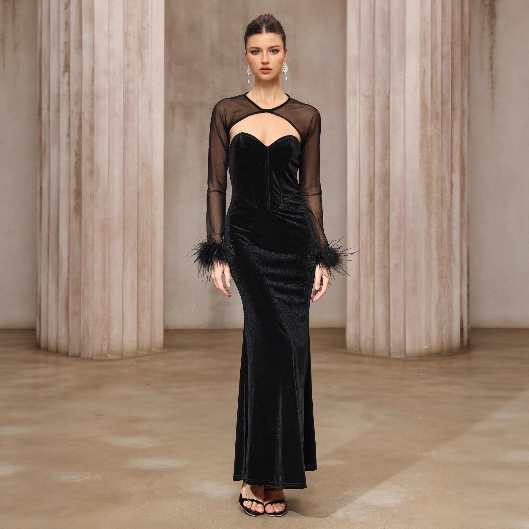 Dress Two Piece Semi Transparent Mesh Top Velvet Tube Top Dress Dinner Light Luxury Cheongsam Bella Mia