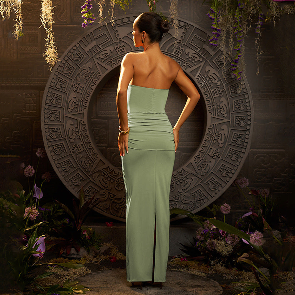 Summer Sexy Package Hip Maxi Dress Sexy Tube Top Solid Color Pleated Dress Bella Mia