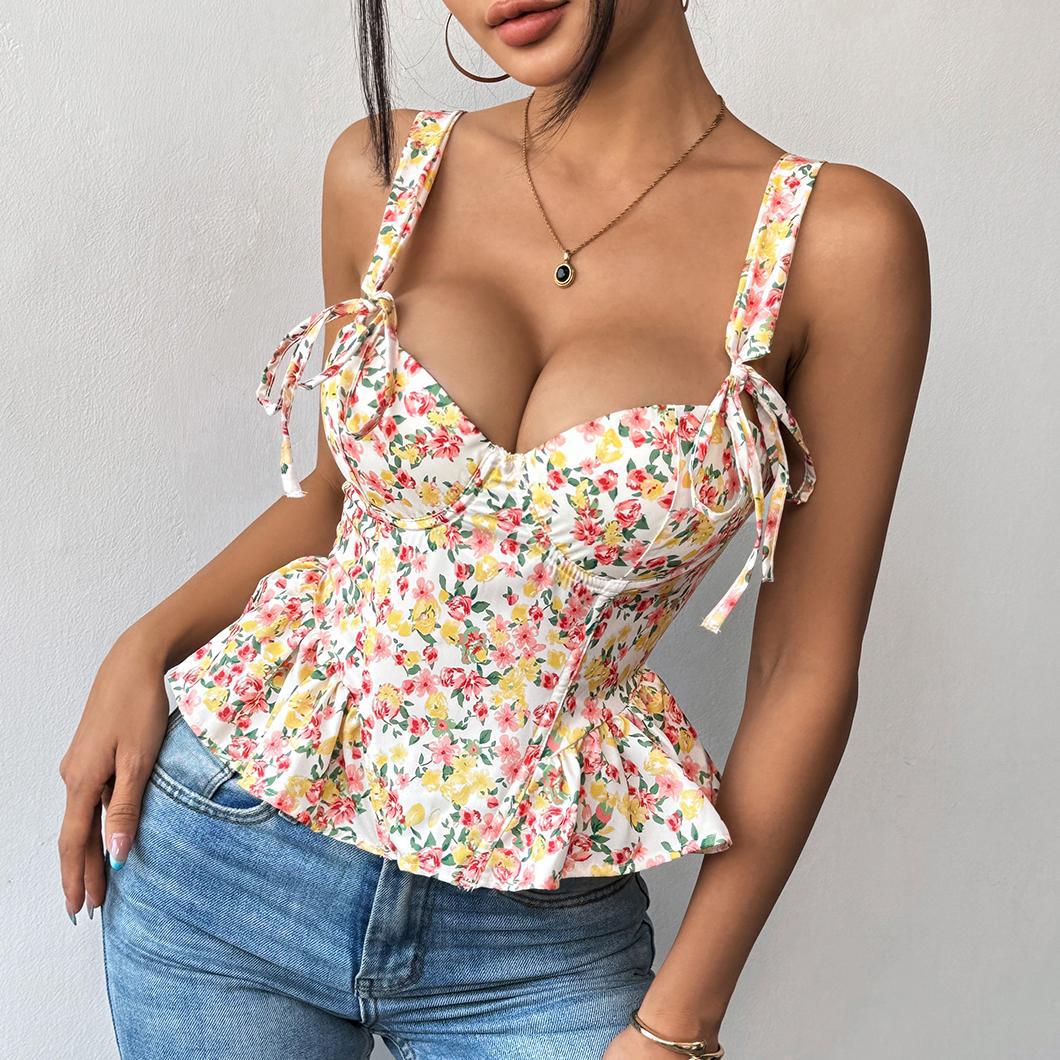 Floral Spring Summer Lace up Adjustable Boning Corset Corset Waist Trimming Ruffles Chest Cotton Camisole Bella Mia