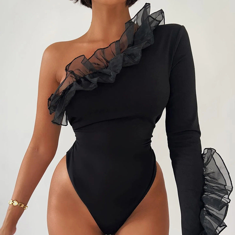 Autumn Winter Women Clothing Mesh Flying Shoulder Sleeve Slim Sheath Bodysuit T shirt for Women Bella Mia