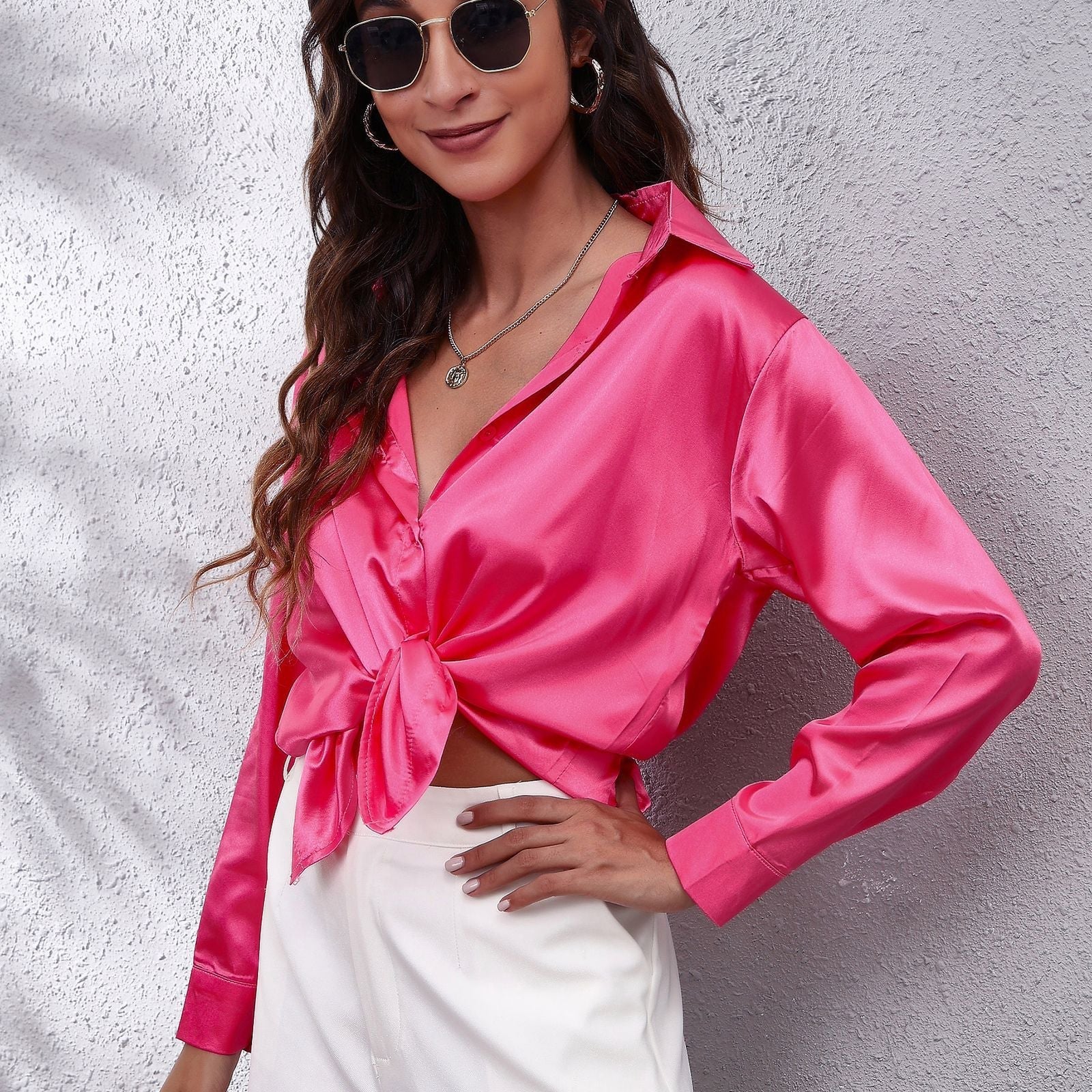 Satin Shirt Women Satin Artificial Silk Long Sleeve Shirt Bella Mia