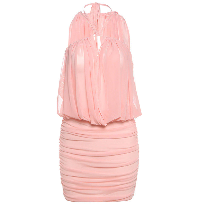 Spring Women Sexy Cross Lace up Two Way Tube Top Vest Mesh Pleats Dress Women Bella Mia