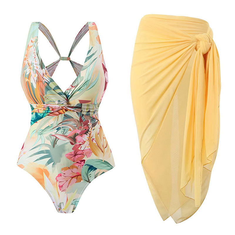 One Piece Swimsuit Women Conservatively Thin Vintage Printed Hard Bag Swimsuit with Steel Bracket Tulle Skirt Bella Mia