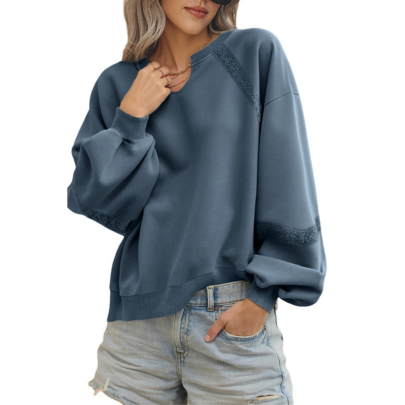 Solid Color Half Open Collar Stitching Lace Loose Stylish Long Sleeves Sweater Bella Mia