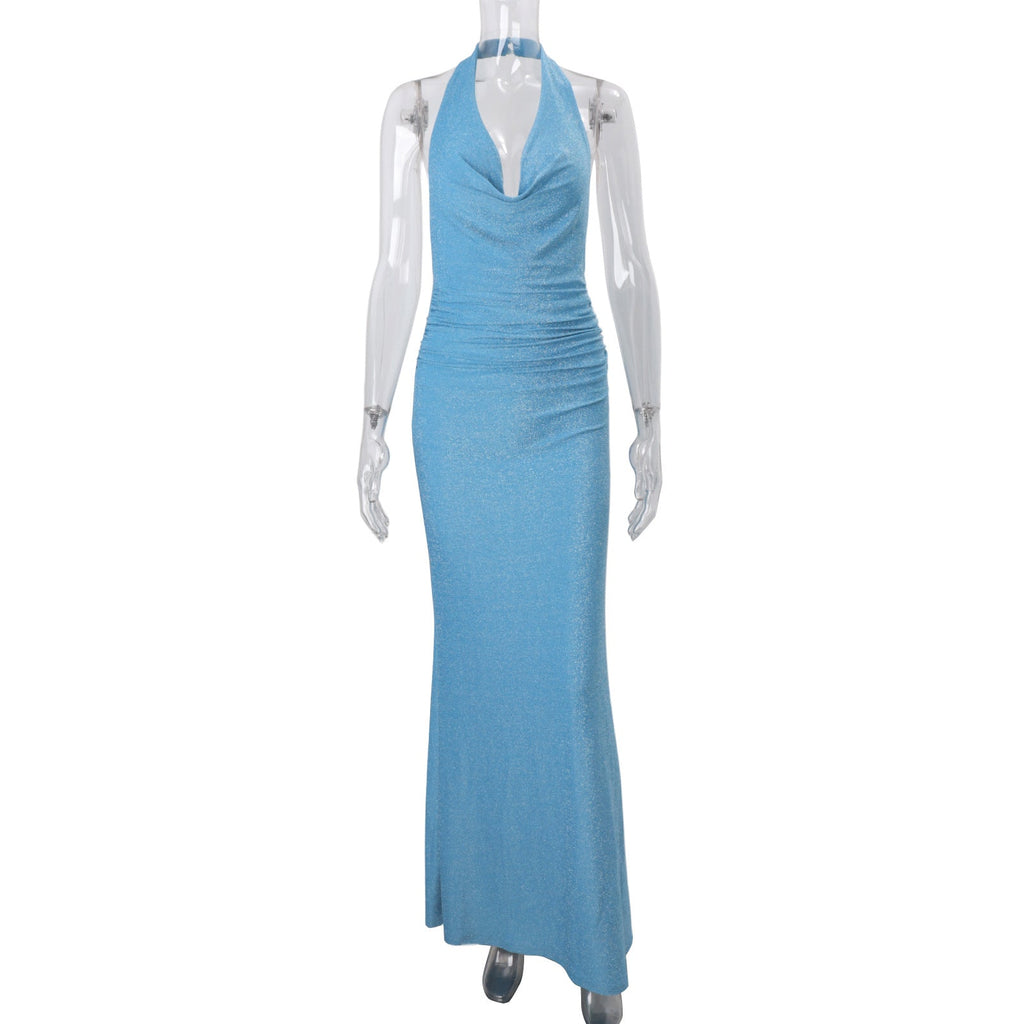 Fall Women Clothing Sexy Backless Halter Swing Collar Solid Color High Waist Slim Hip Long Dress Bella Mia