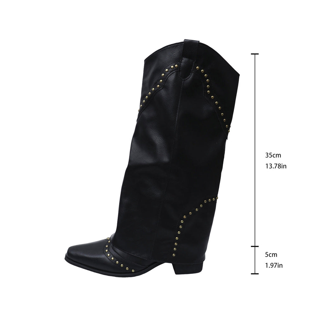 Retro Rivet High Top Western Cowboy Boot Women Long Mid Heel Pointed Toe Slip on Knight Boots Long Boots Bella Mia