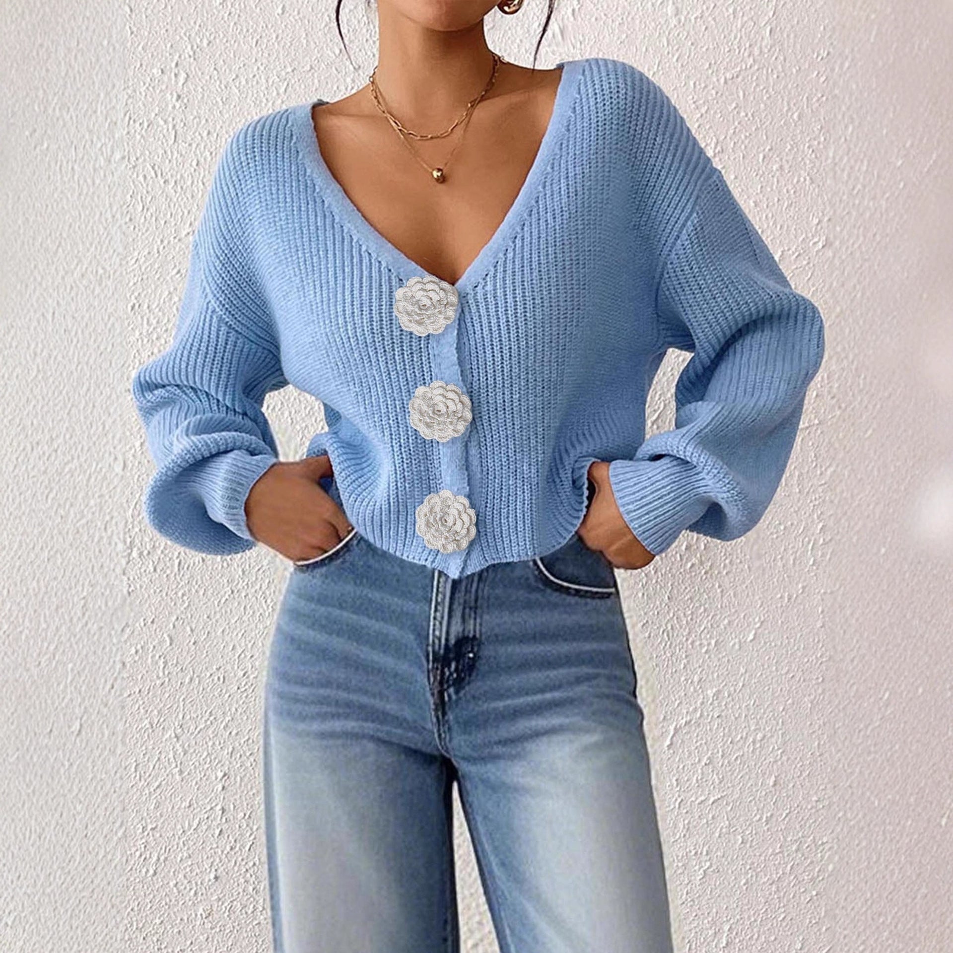 Women Knitted Sweater Street Hipster Short Top Hand Hook Floral Decorative Button Cardigan Short Coat Bella Mia