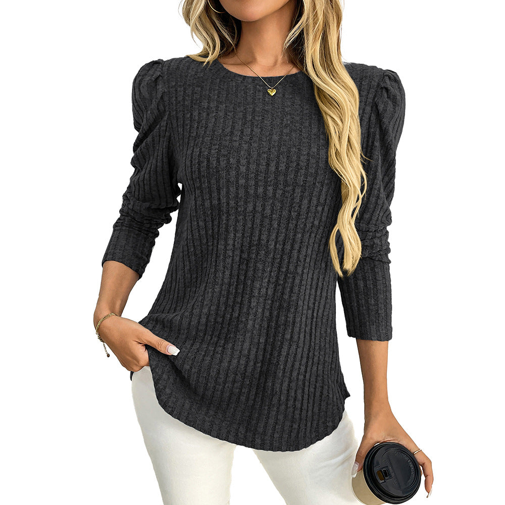 Arrival Women round Neck Puff Sleeve Brushed Sunken Stripe Solid Color Upper Clothes Long Sleeves T shirt Bella Mia